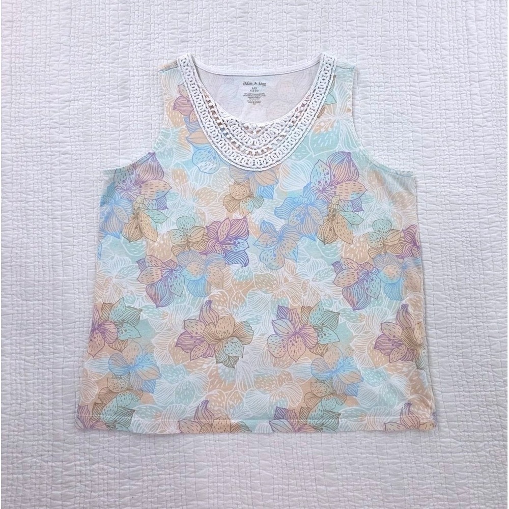 White Stag Sleeveless Top Womens L Blue Pink EUC Crochet Floral Cotton Tank